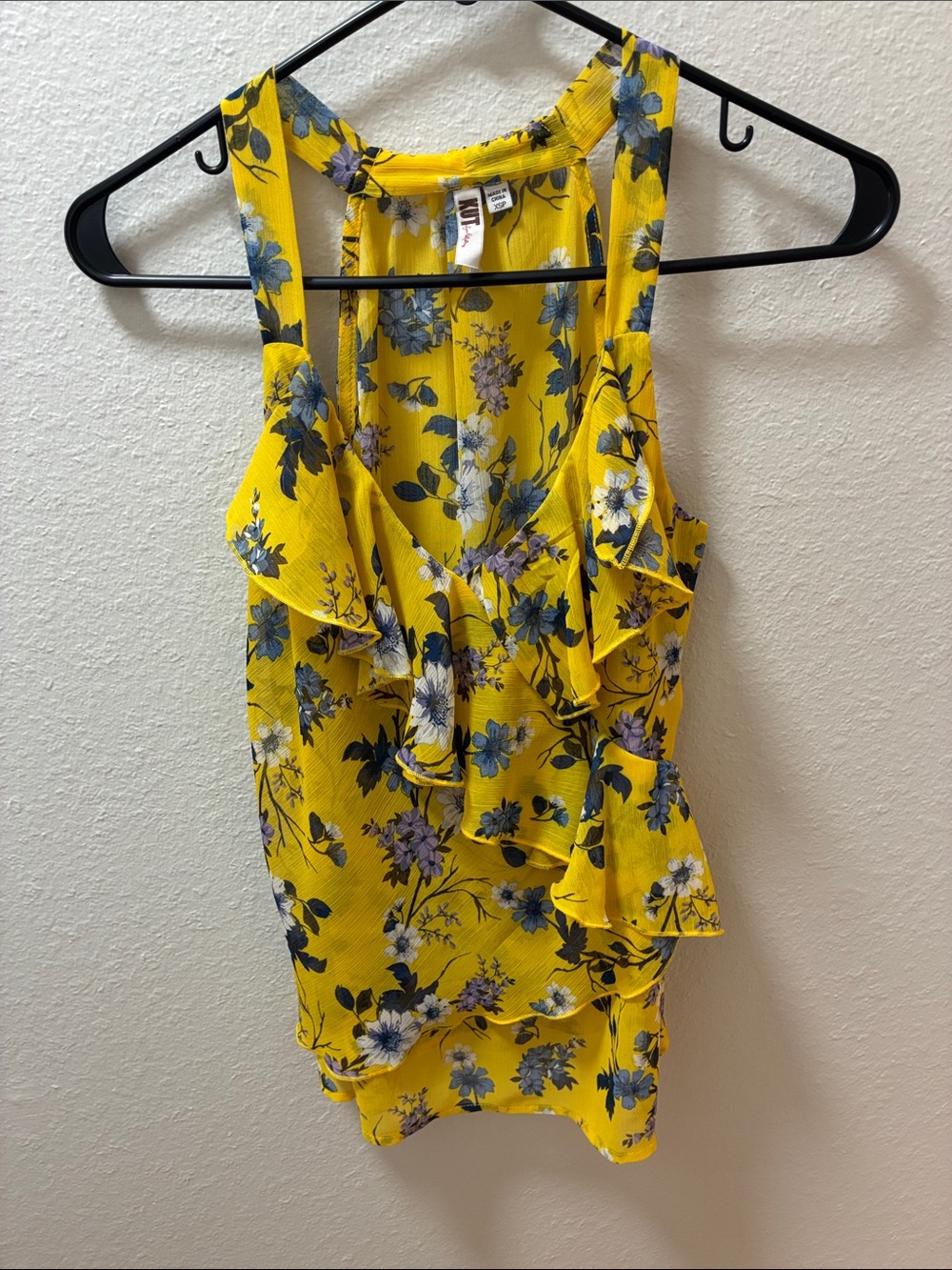 Kut from the Kloth Bright Yellow Floral Ruffle Tank